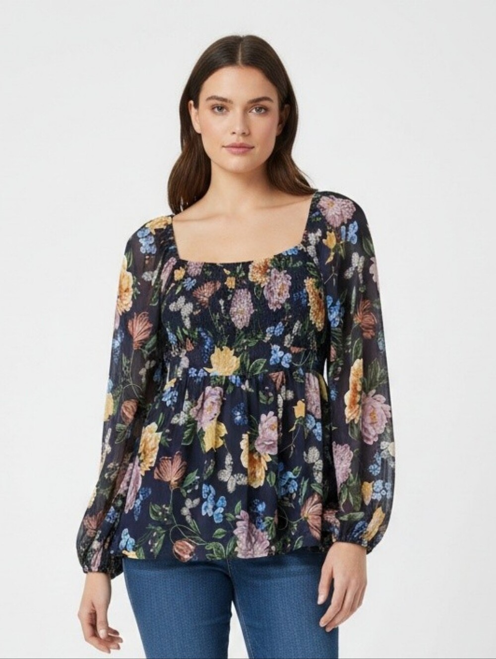 Torrid Navy Floral Smocked Peasant Top